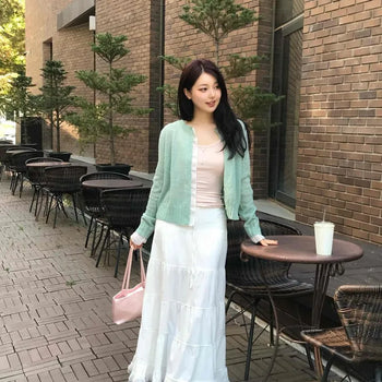 Lace Tiered High-Waisted Loose-Fit Long Skirt with Elastic Back