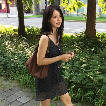 Bustier Layered Check Lace Chiffon Adjustable Strap V-Neck H-Line Mini Dress