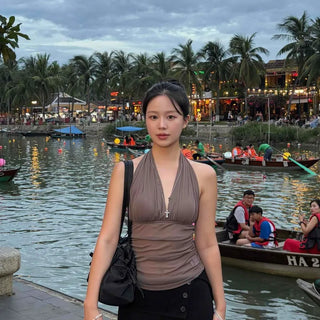 Halter Neck V-Neck Backless Shirred Slim Fit Sleeveless