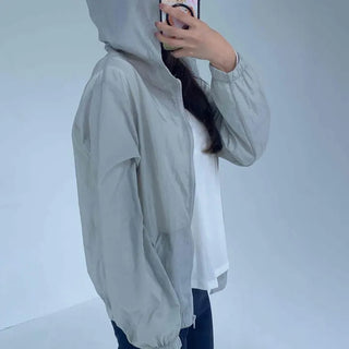 Nylon Drawstring Hooded Loose Fit Zip-Up Windbreaker