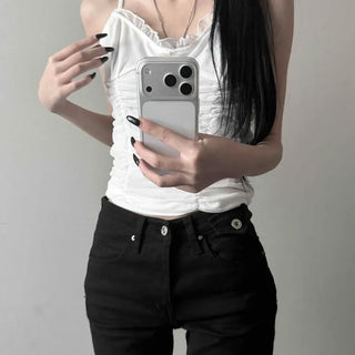Lace Ribbon Chiffon Shirred Slim Fit Strappy Sleeveless U-Neck Semi-Crop Sleeveless