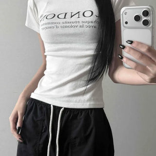 Cotton Round Neck Logo Lettering Slim Fit Crop Short Sleeve Tee