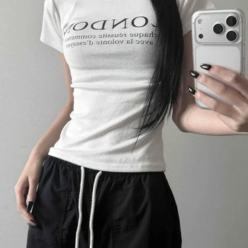 Cotton Round Neck Logo Lettering Slim Fit Crop Short Sleeve Tee