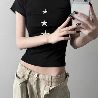 Stretchy Cotton Star Embroidery Print Slim Fit Crop Short Sleeve T-shirt