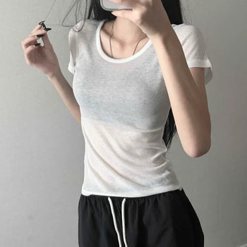 Modal See-through Slim Fit Round Neck Layered Short Sleeve Tee