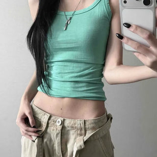 Strappy U-neck Cinched Waist Stretch Semi-Crop Sleeveless