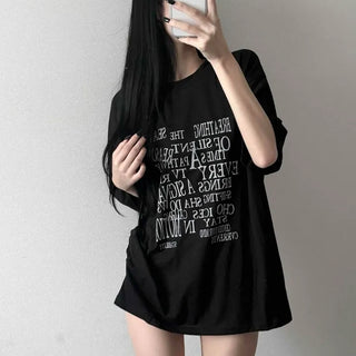 Lettering Print Round Neck Oversized Long Short Sleeve T-shirt