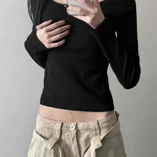 Round Neck Cotton Slim Fit Cropped Long Sleeve T-shirt
