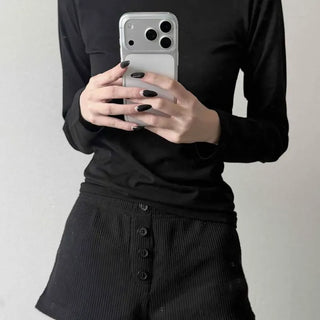 Brushed Fleece Delicate Fit Slim Fit Round Neck Stretch Long Sleeve T-shirt with Back-of-Hand Covering Spandex