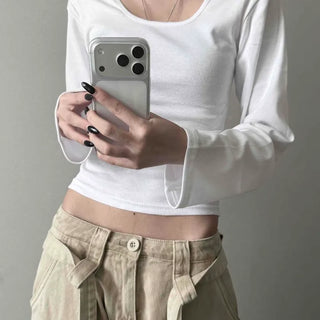 Slim Fit Cinched Loose Sleeve Cropped Long Sleeve Knit T-shirt