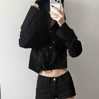 Napoleon Collar Diagonal Button Contrast Asymmetrical Fuzz Sleeves Delicate Fit Loose Fit Cropped Jacket