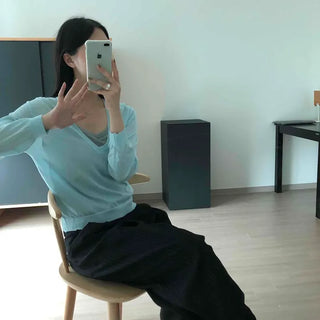 V-Neck See-through Nylon Rayon Loose Fit Layered Knit