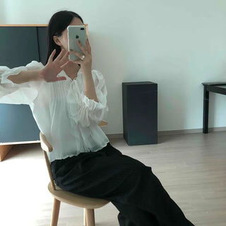 Chiffon Pintuck Ribbon Frill Loose Fit V-Neck Long Sleeve Blouse