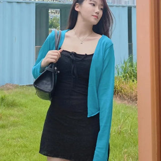 Open Shawl V-Neck See-through Button Delicate Fit Crop Knit Cardigan
