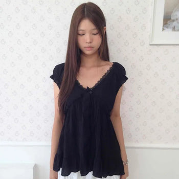 Lace Frill Peplum Chiffon Cap Sleeve Blouse