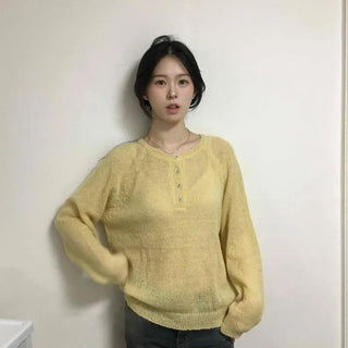 See-through Henley Neck Button Knit Layered Oversized Long Sleeve T-shirt