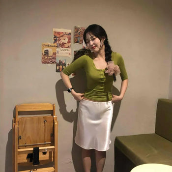 Satin High-Waisted Button Glow Elastic Waist Midi Skirt
