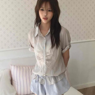 Arm Cover.ᐟ.ᐟ Sheer Front Shirred Roll-up Collar Shirt