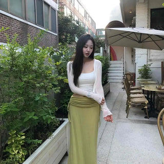 High-waisted Double-Shirred String Slim H-Line Long Denim Skirt