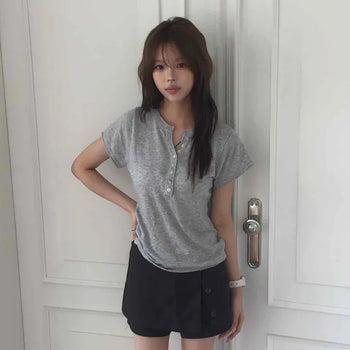 Armless⊹ Mother-of-Pearl Button Henley Neck Cap Sleeve Short T-Shirt