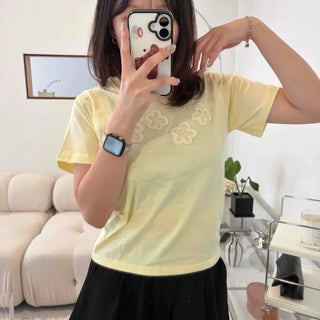 Flower Embroidered Round Neck Slim Fit Cotton Short Sleeve T-shirt