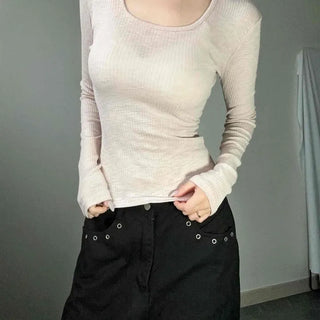 Square Neck Modal Ribbed Inner Long Sleeve T-shirt