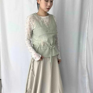 V-Neck Ribbon Tie Sleeveless Loose Fit See-through Blouse