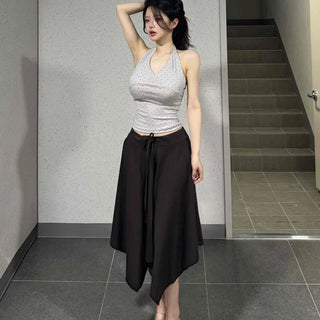 Asymmetrical Low-Rise Ribbon String Pleated Flare Loose Fit Cotton Midi Skirt