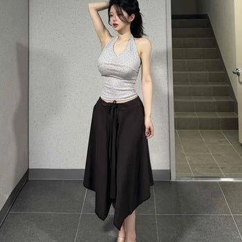 Asymmetrical Low-Rise Ribbon String Pleated Flare Loose Fit Cotton Midi Skirt