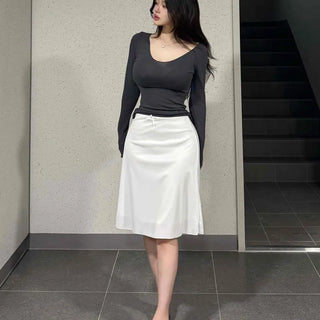 Satin Ribbon Shirred Frill Elastic Waist Low-Rise A-Line Midi Skirt