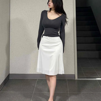 Satin Ribbon Shirred Frill Elastic Waist Low-Rise A-Line Midi Skirt