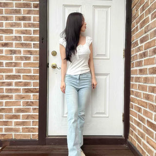 Light Blue Bootcut Ribbon Lace Back Pocket Cotton Blend Jeans
