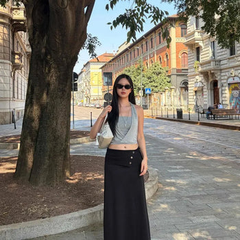Knit Low-Rise Button Belted H-Line Long Skirt