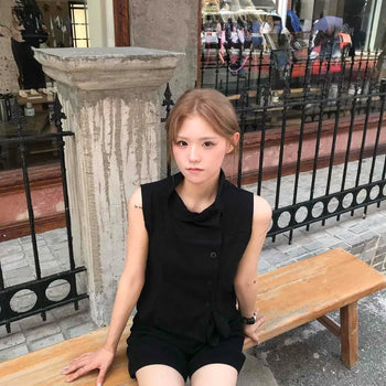 Collar Button Sheer Sleeveless Slim Fit Blouse