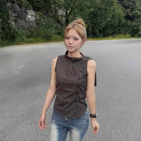 Check Tie Collar Waist Tie Diagonal Button Slim Fit Sleeveless Blouse