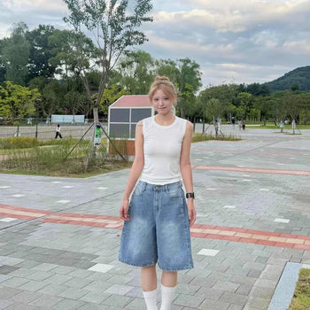 Washed Cotton High-Waisted Wide Bermuda Denim Shorts