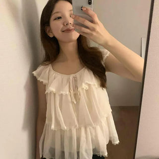 Chiffon Frill Ribbon Loose Fit Sleeveless Blouse