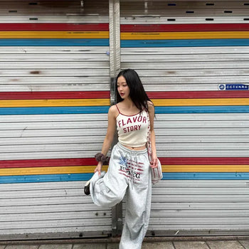 American Flag Lettering Cotton Elastic Waist Drawstring Wide Training Long Pants