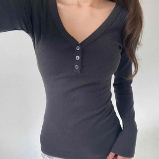 Ribbed V-neck Button Slim Fit Long Sleeve T-shirt