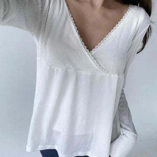 Lace Punching Wrap Flare V-Neck Layered Delicate Fit Long Sleeve T-Shirt