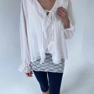 See-through Frill Ruffle Ribbon Banding Button V-neck Loose Fit Long Sleeve Blouse