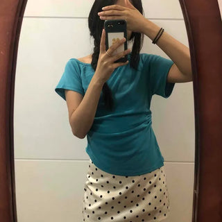 Satin Dot Button High-Waisted H-Line Skort Mini Skirt