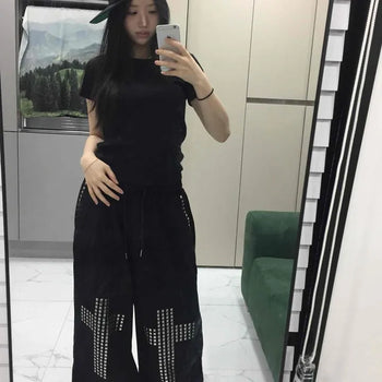 Rhinestone Cross Training Oversized Wide Long Pants