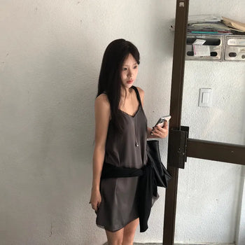 *High Quality Satin* Teen Layered V-Neck Mini Satin Dress