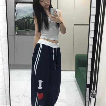 Lettering Print String Elastic Wide Low-Rise Training Long Pants
