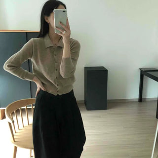 Collared Cashmere Ribbed Button Slim Fit Long Sleeve Cardigan