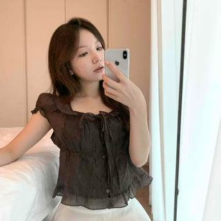 Chiffon Square Neck Cap Sleeve Frill Shirred Slim Fit Blouse