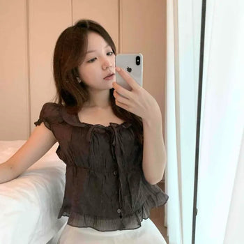 Chiffon Square Neck Cap Sleeve Frill Shirred Slim Fit Blouse