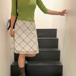 High-waisted Cotton Check Ribbon Midi Skirt