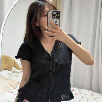 Flower Embroidered Frill Ribbon Button V-Neck Cap Sleeve Crop Delicate Fit Blouse